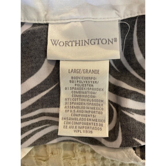 Worthington Blouse Sz Large Abstract Black & White Print Collared Top + Stretch - Picture 7 of 11